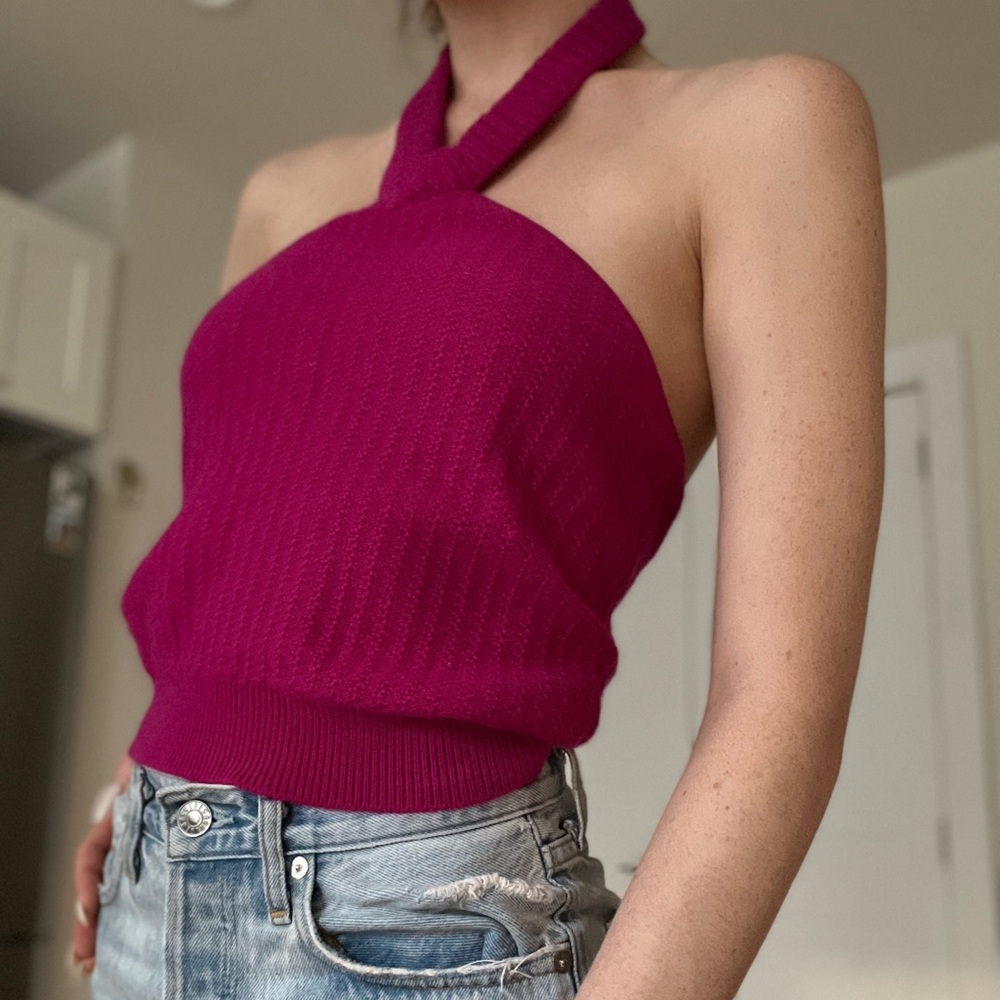 Sleeveless Halter Knit Top in Fuchsia